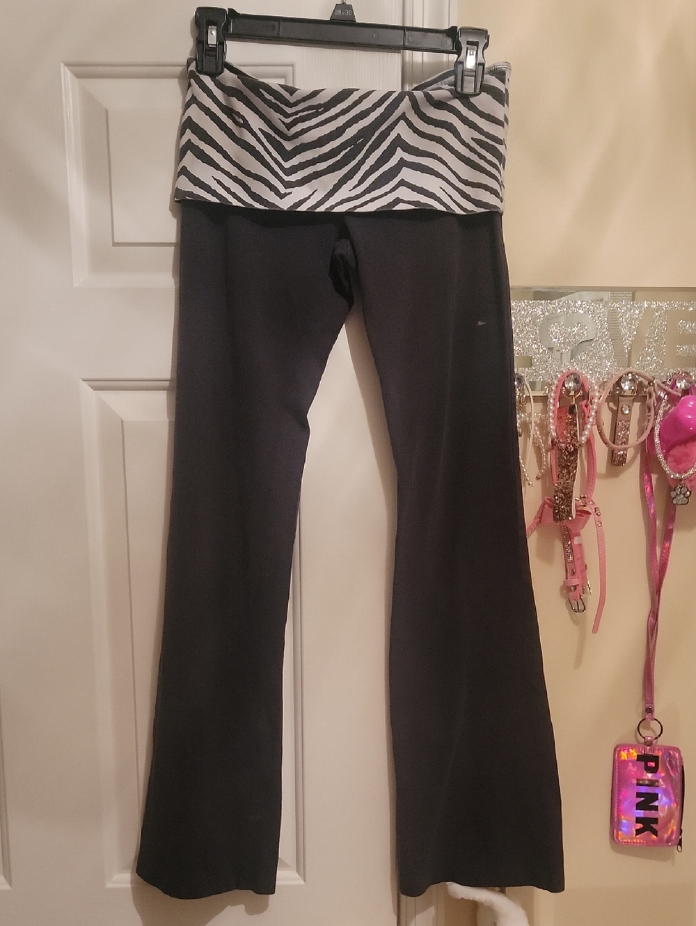 Pink Victorias Secret Zebra Print Fold Over Yoga Pants. Pink On Back. Size Med.